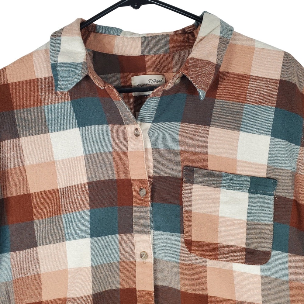 Universal Thread Relaxed Fit Flannel Shirt Brown Tan Blue Plaid Cotton Large